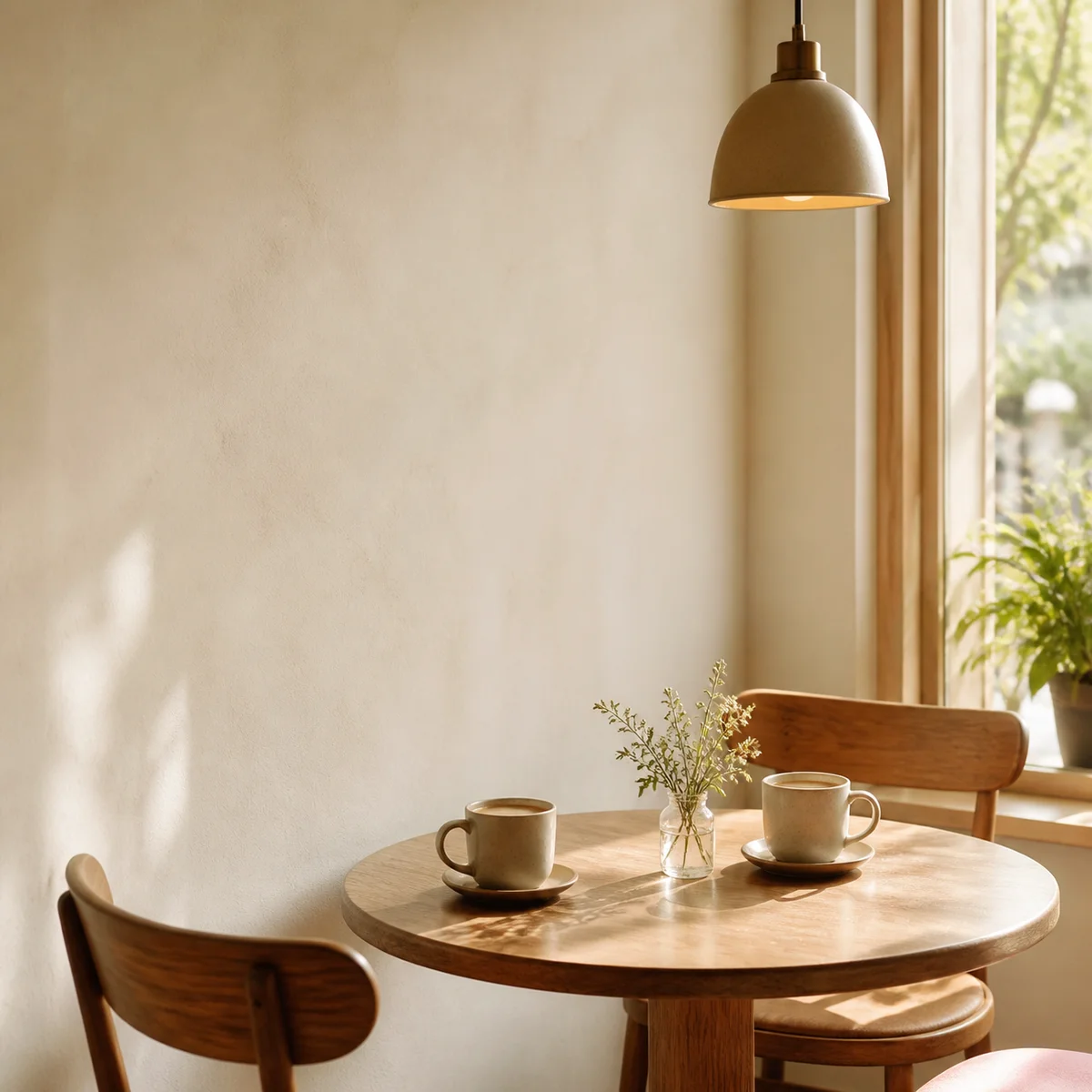 Editorial photo of coffee cups and empty chair representing welcoming connection
