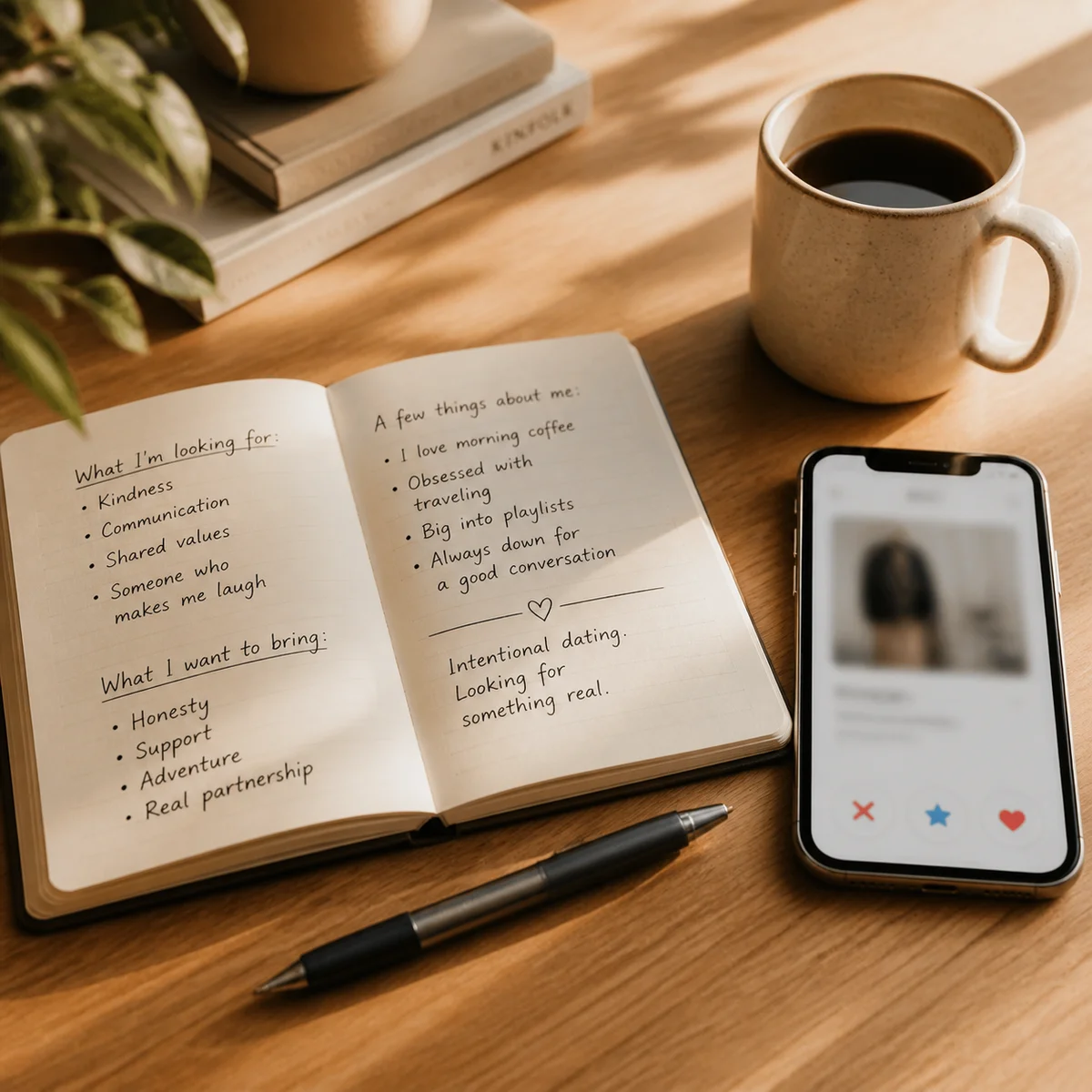 Notebook and phone on desk representing thoughtful profile creation