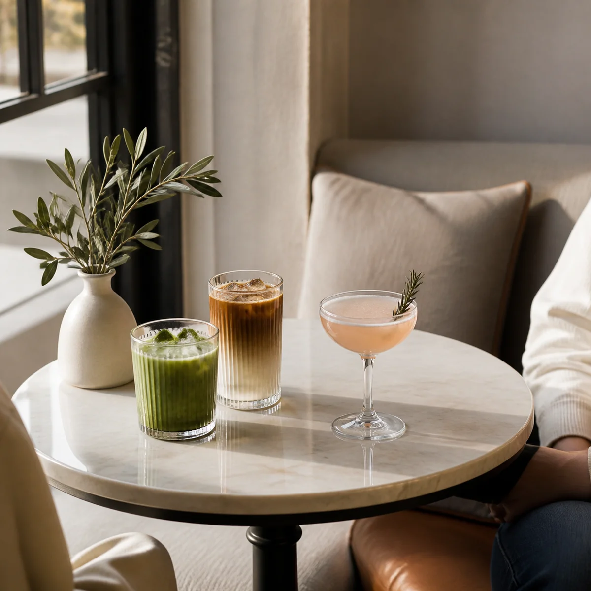 Three drink glasses on cafe table representing balanced conversation