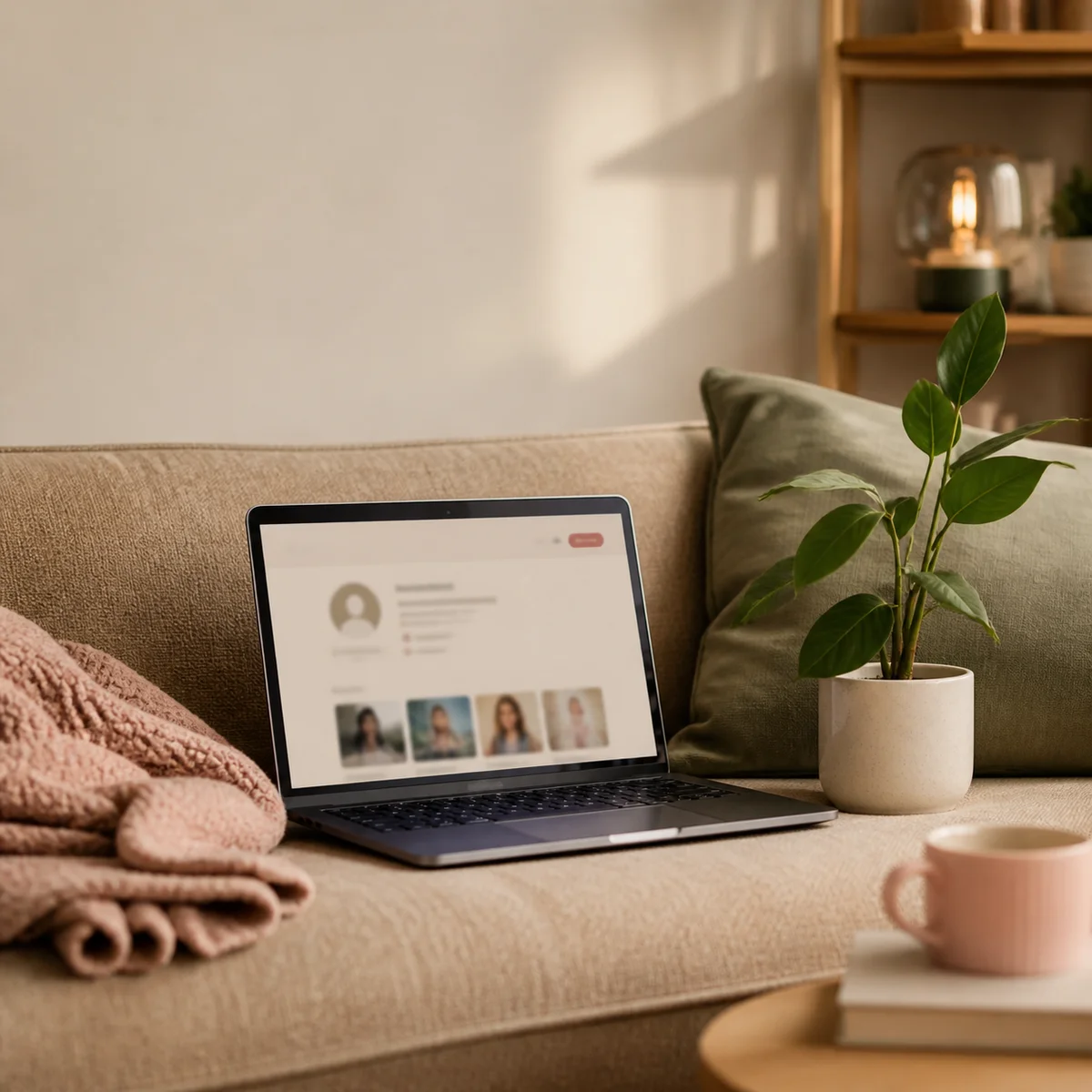 Open laptop on couch representing creating an online dating profile