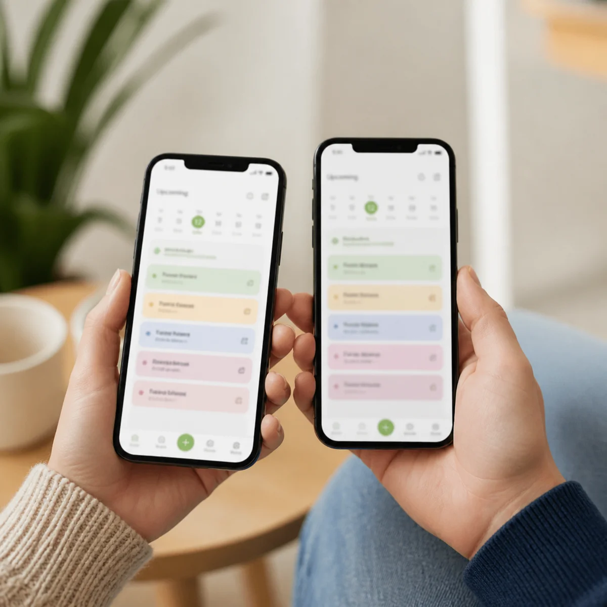 Two phones showing dating app screens representing couple coordination