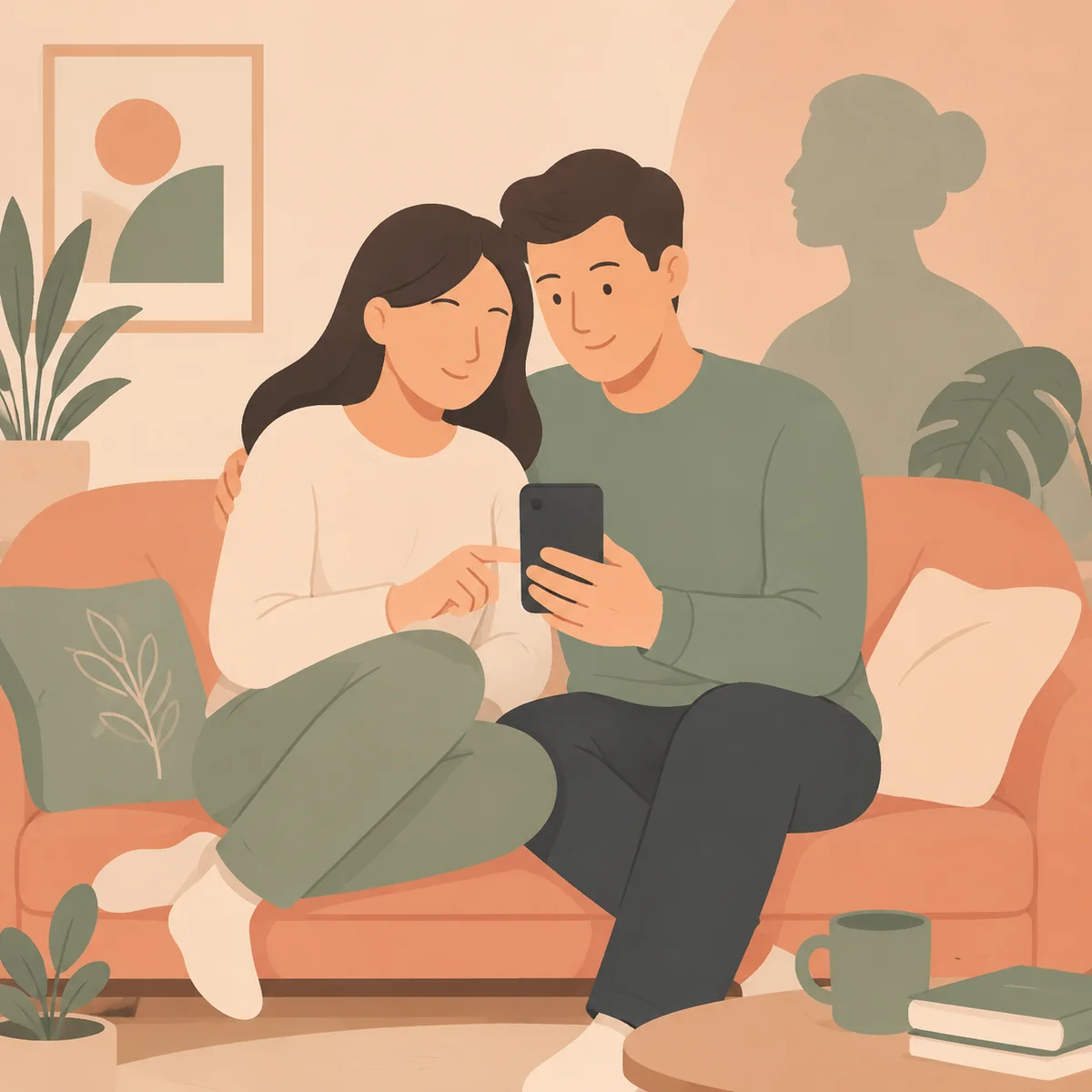 Couple sitting together looking at a smartphone, with a subtle third silhouette in background tones