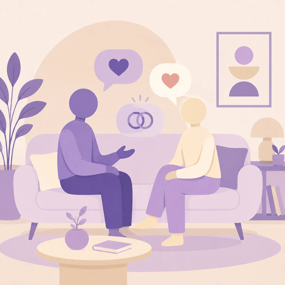 Two abstract figures on a sofa with speech bubbles showing connection symbols