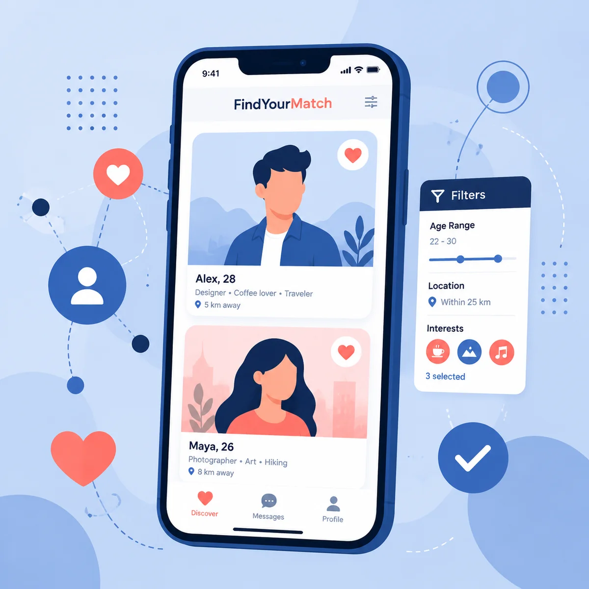 Smartphone displaying a clean dating app interface with profile cards floating around it