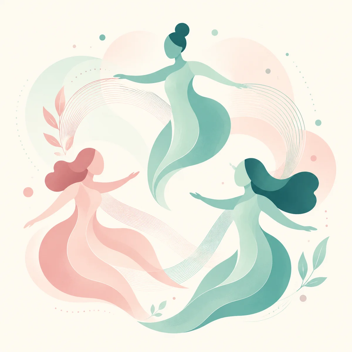 Three abstract flowing figures arranged in a balanced triangular composition with soft connection lines