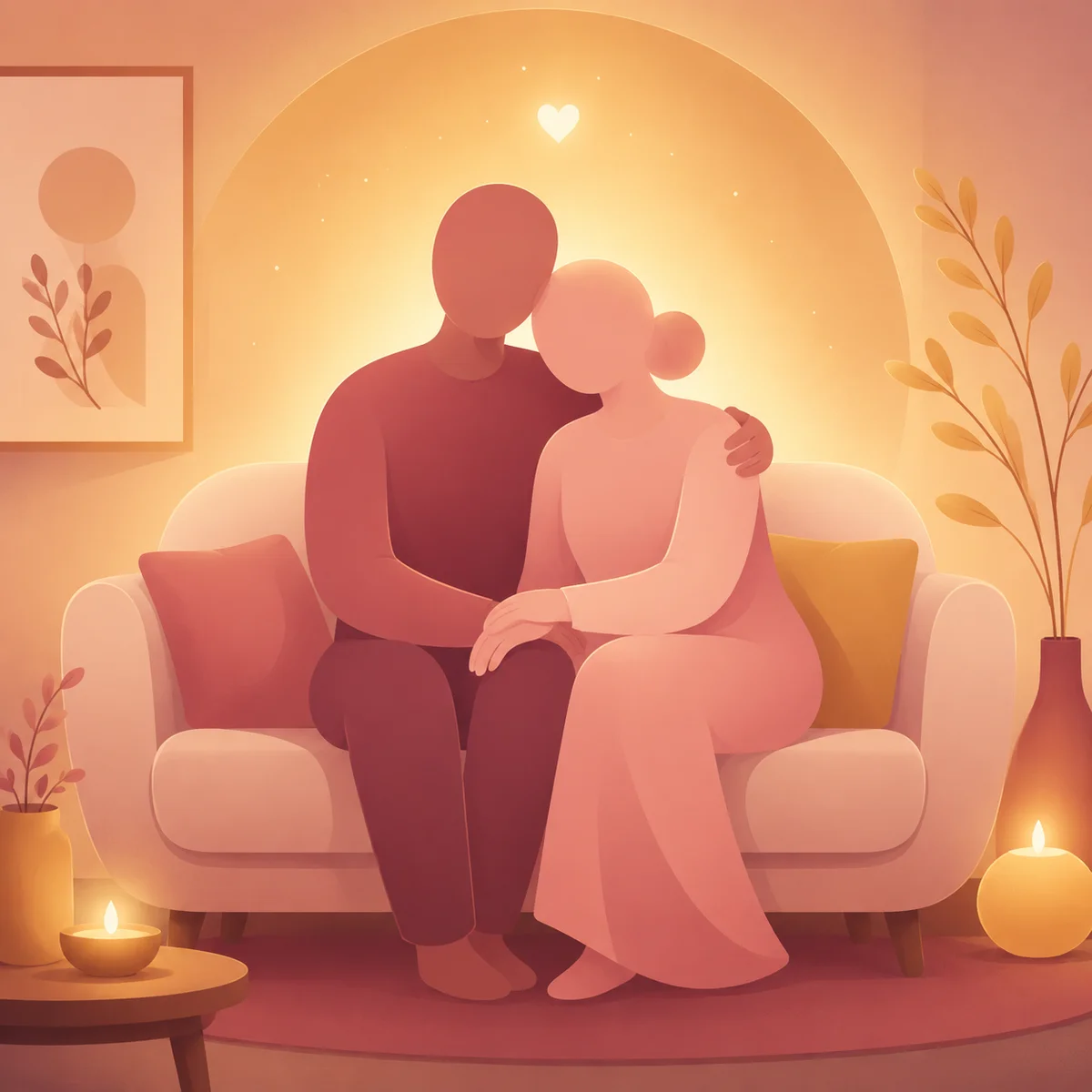 Two abstract figures sitting close together on a couch with warm golden ambient glow