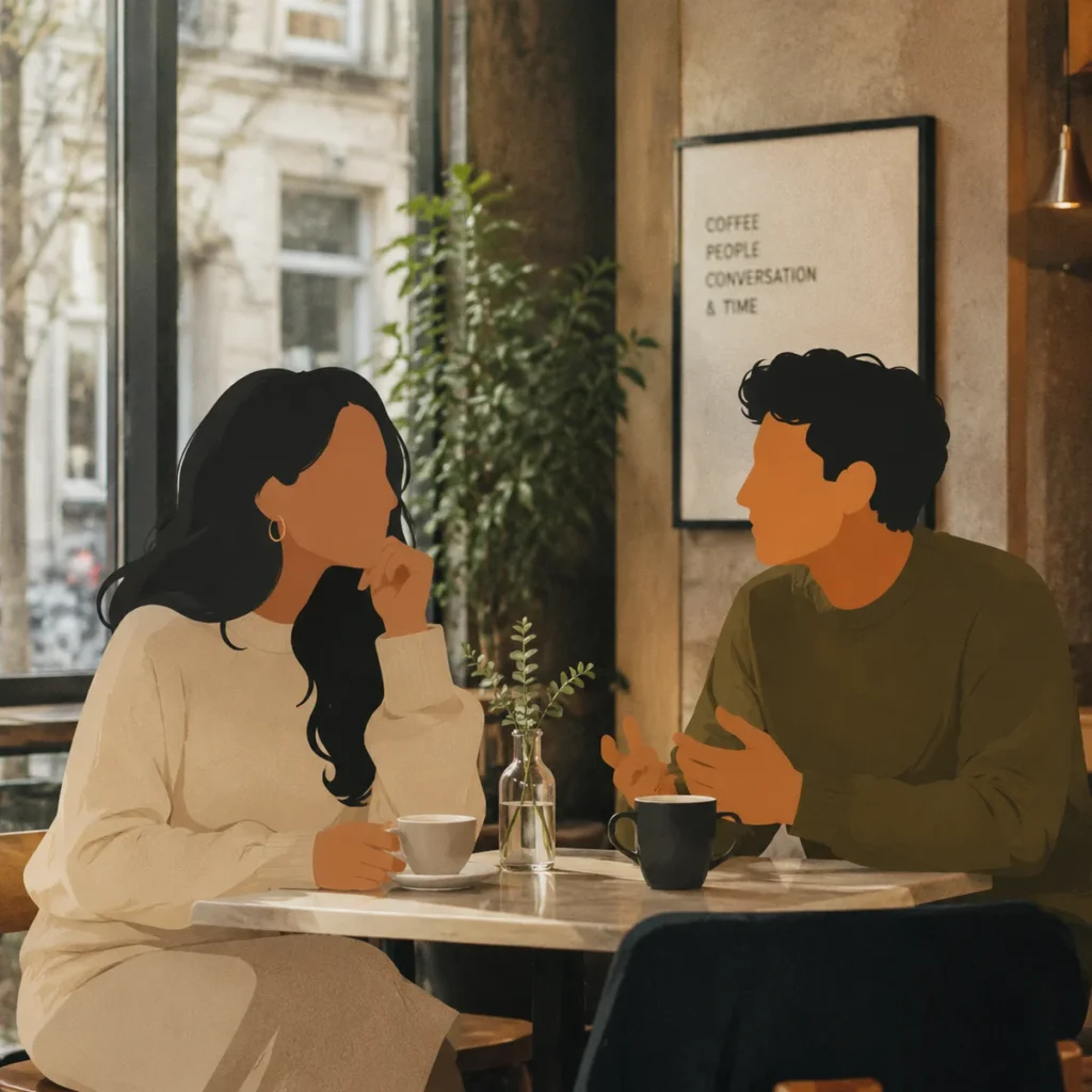 A couple having a thoughtful conversation at a cafe, planning their approach to meeting someone new