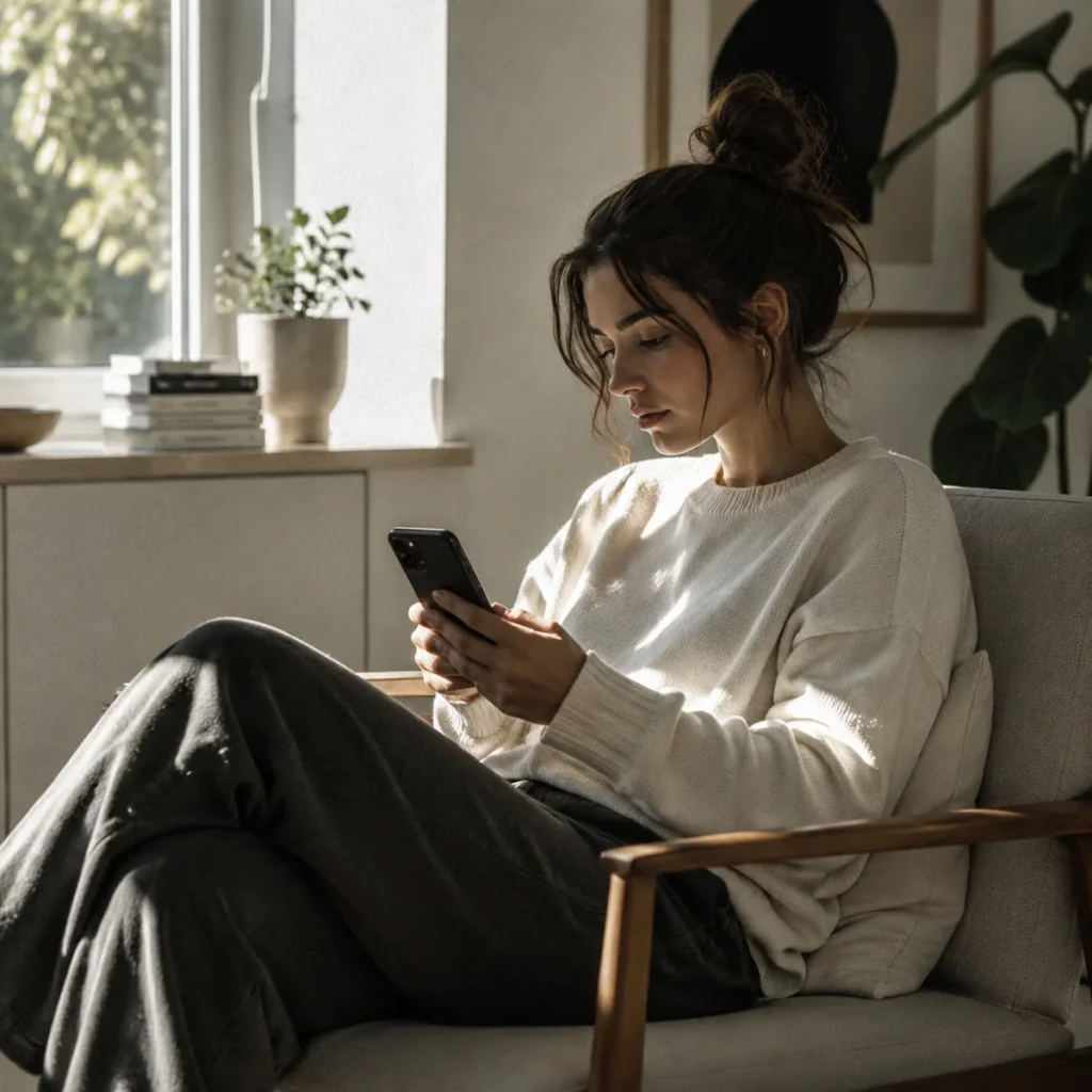 A single woman reading on her phone, considering her options thoughtfully in a sunlit room