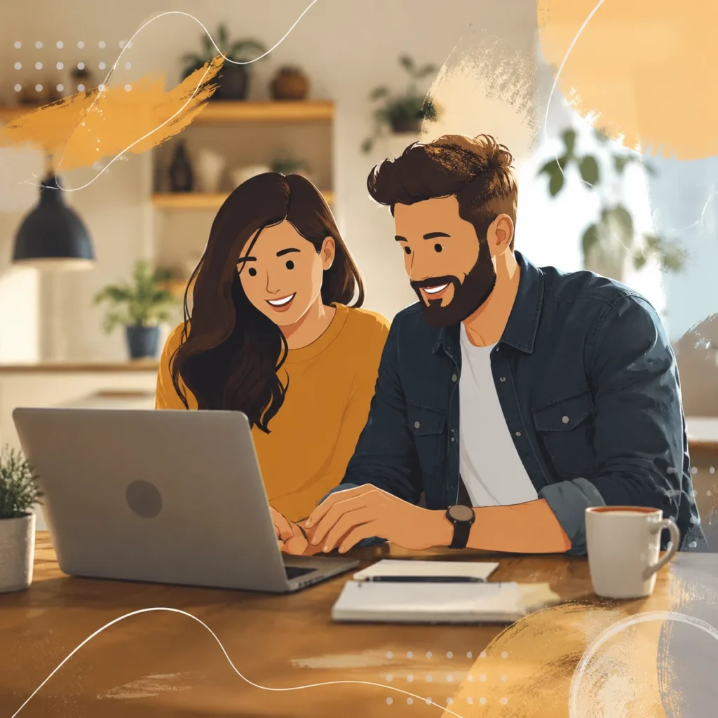 A couple working on their dating profile together on a laptop, both engaged and smiling