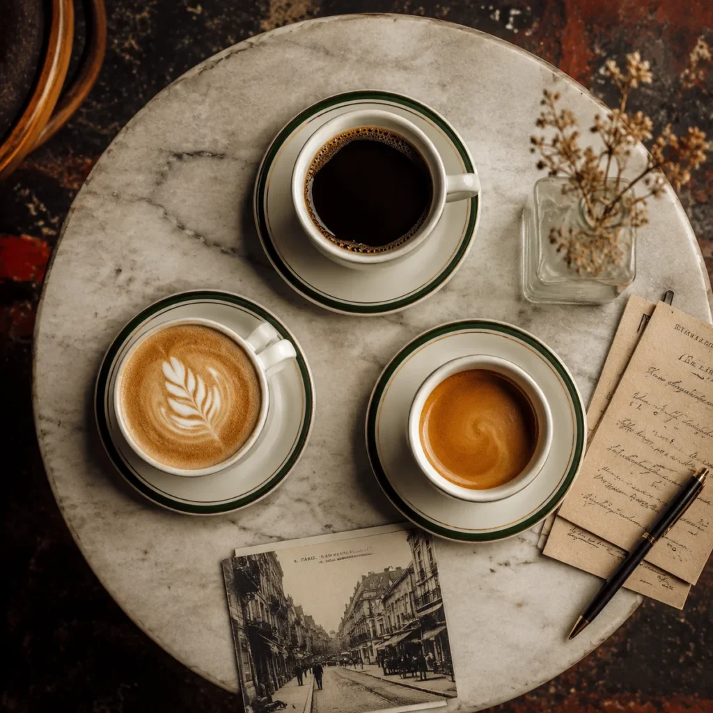 Three coffee cups on a cafe table from an overhead angle, suggesting a casual first meeting