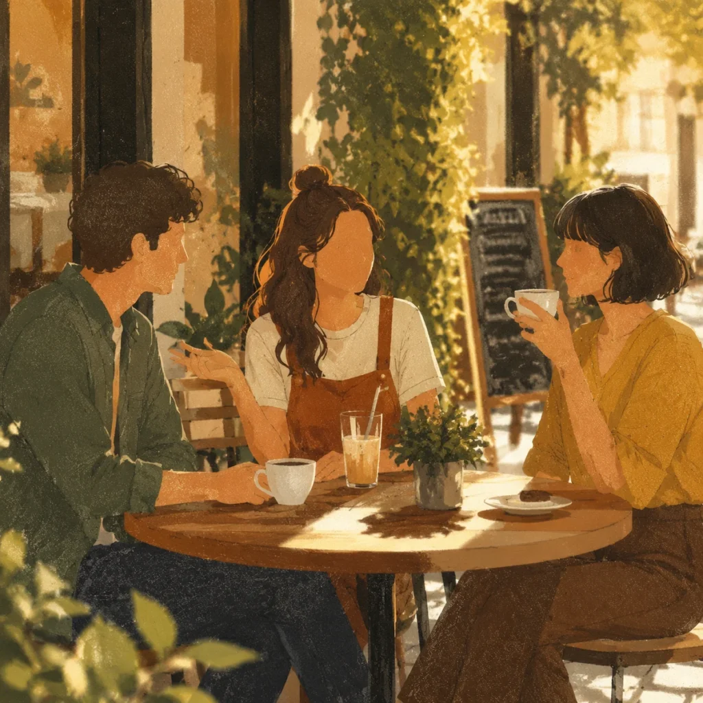 Three people having a relaxed conversation at an outdoor cafe, warm editorial photography style
