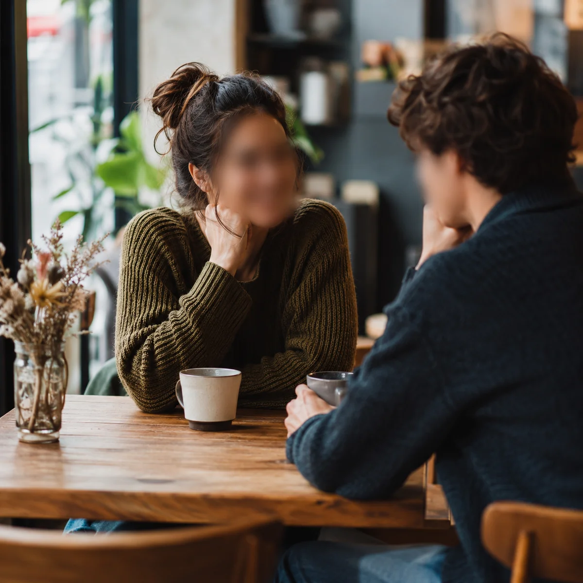 Two people having a warm, engaged conversation at a cozy cafe table, soft natural lighting, lifestyle photography style