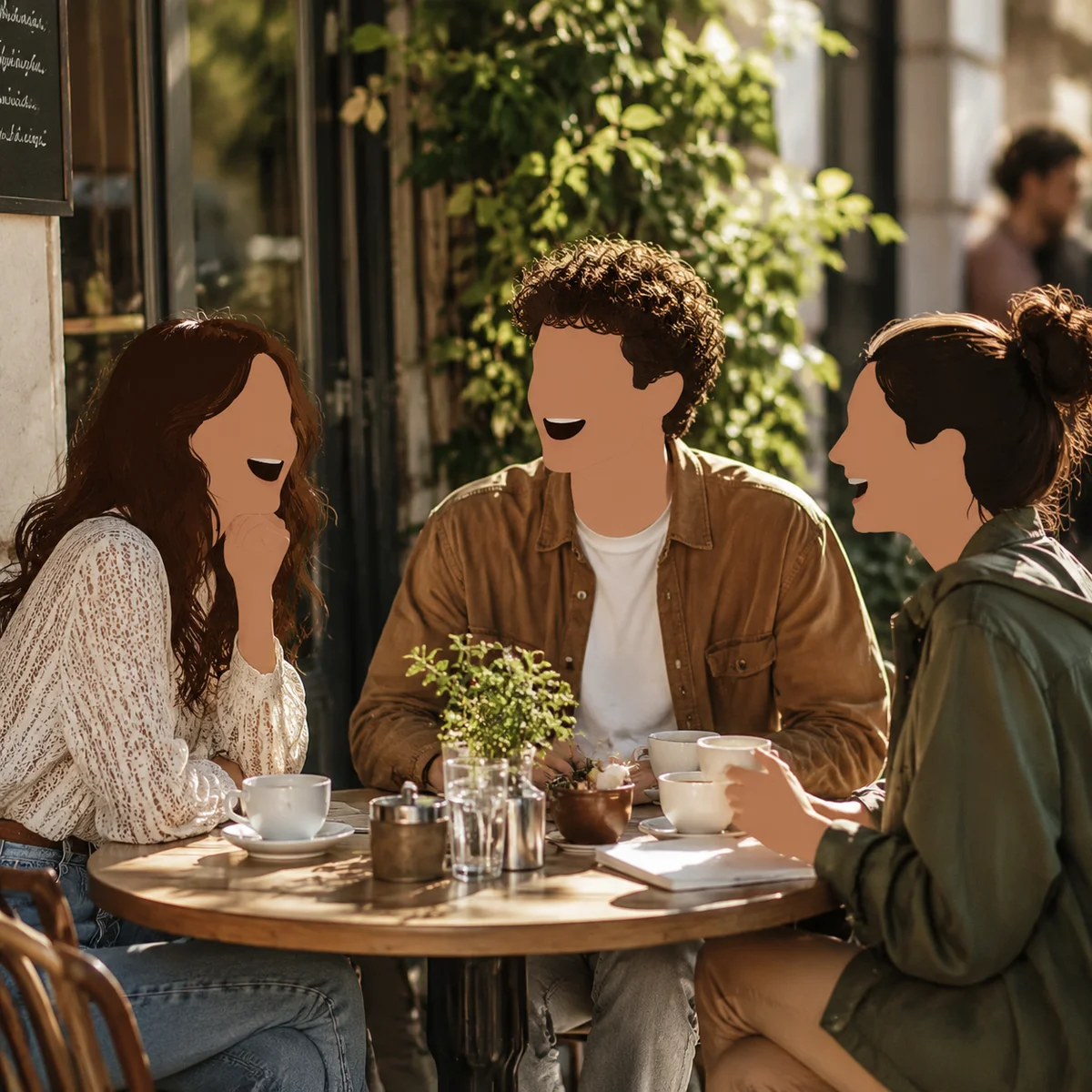 A couple and a single person sharing a relaxed laugh together at an outdoor coffee table, candid lifestyle photography, genuine connection