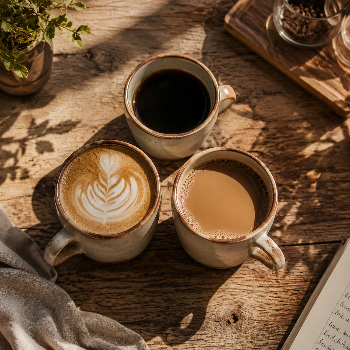 Three coffee cups on a table from above, warm afternoon light, lifestyle photography, symbolizing casual first meeting