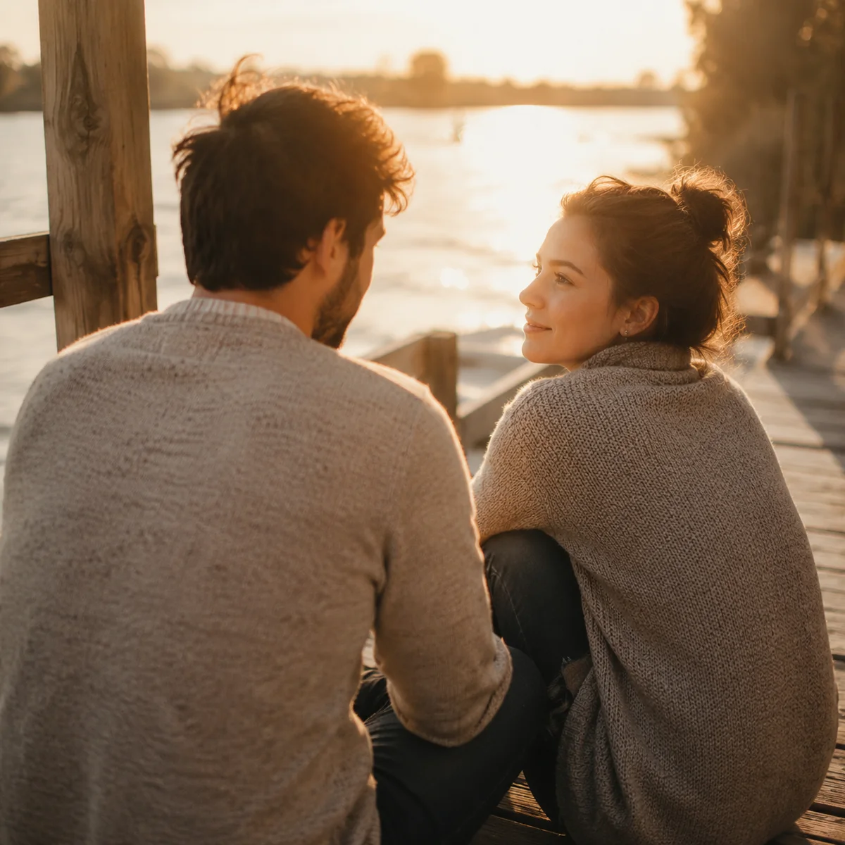 A couple exchanging a gentle reassuring glance while the third person smiles nearby, warm golden hour lighting, lifestyle photography