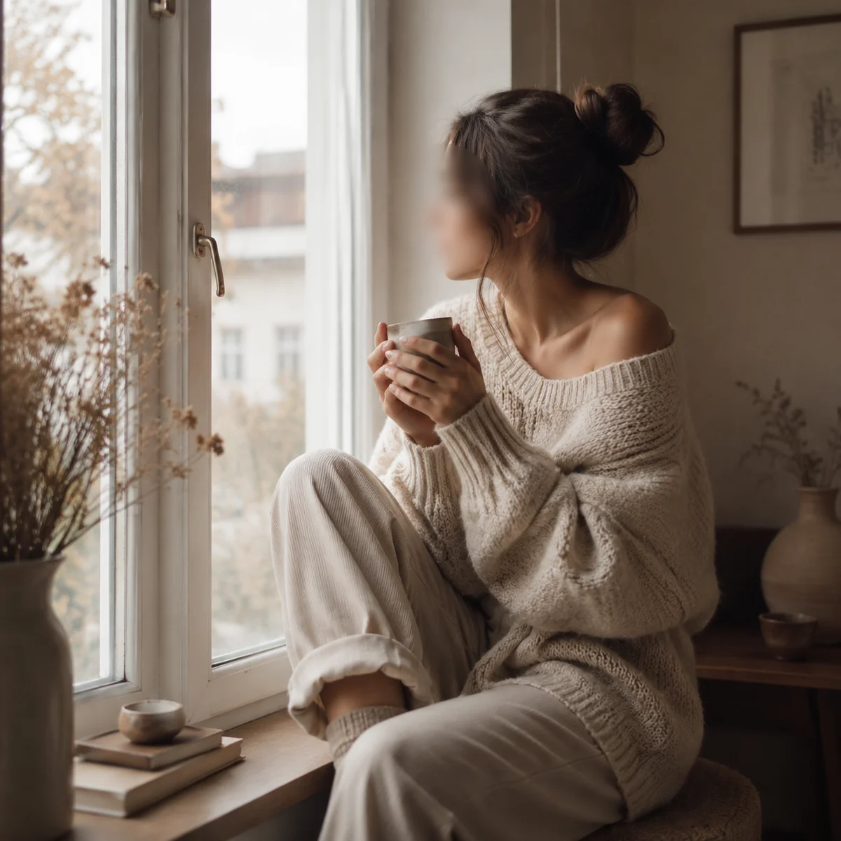 A single person looking thoughtfully while holding a warm drink, soft window light, contemplative lifestyle portrait