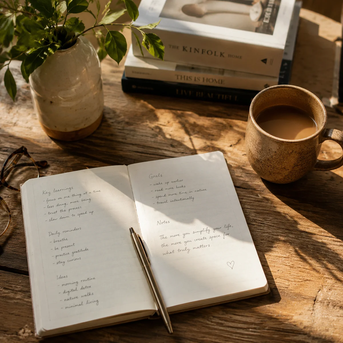 An open notebook with handwritten notes next to a pen and warm drink, lifestyle flat lay composition