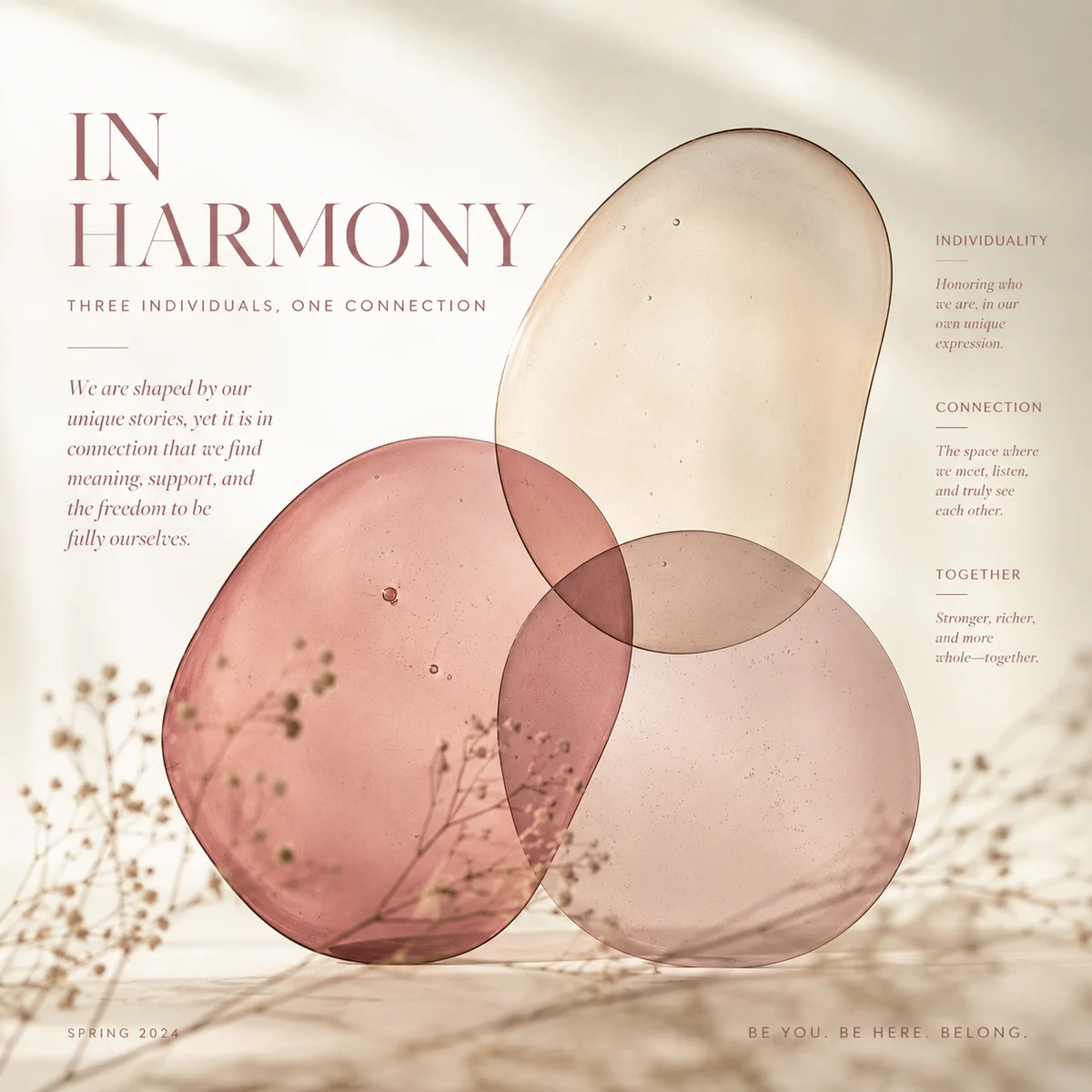 Abstract editorial composition of three soft overlapping translucent forms in warm cream and rose tones representing connection