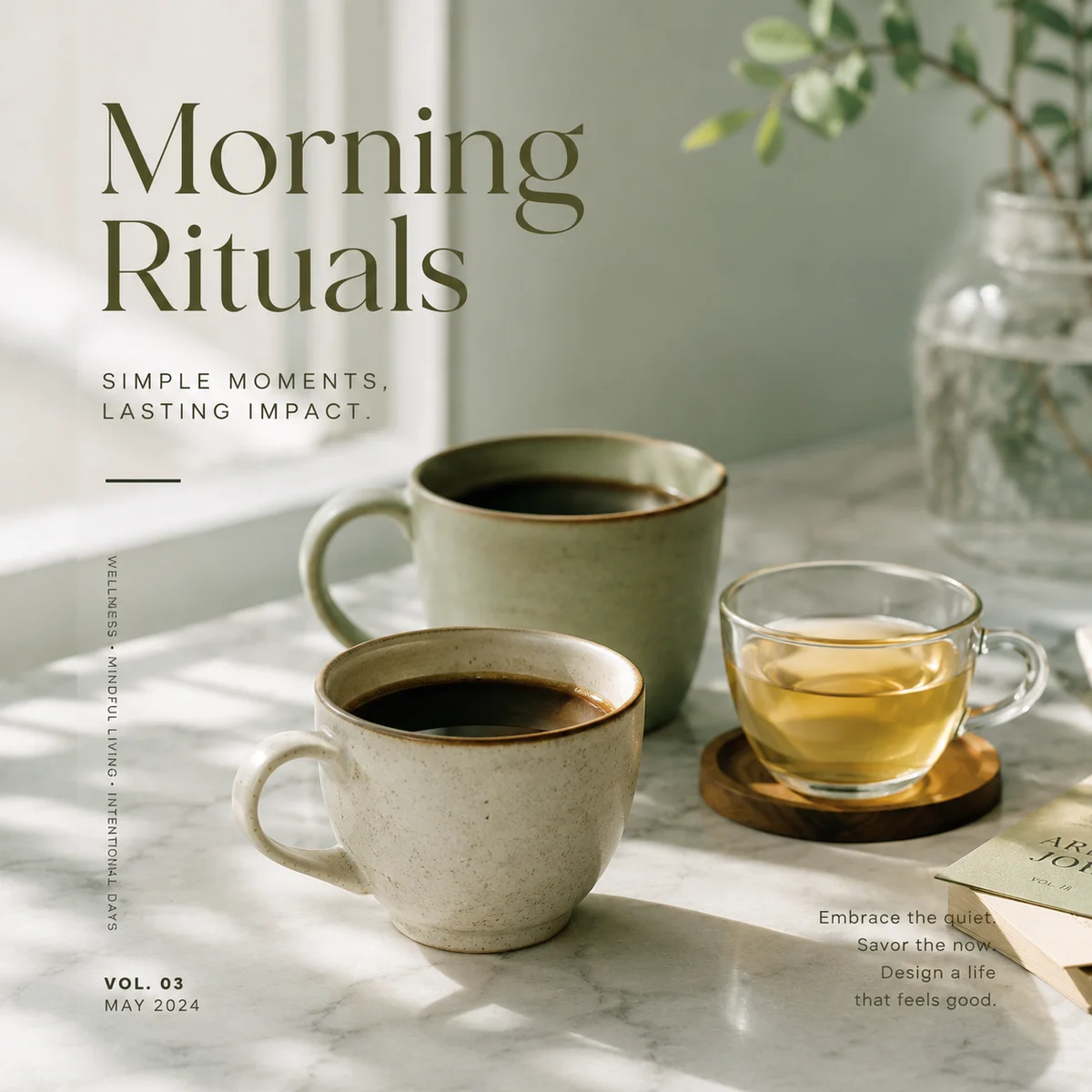 Two ceramic coffee cups and one glass teacup on marble surface with soft morning light, editorial composition