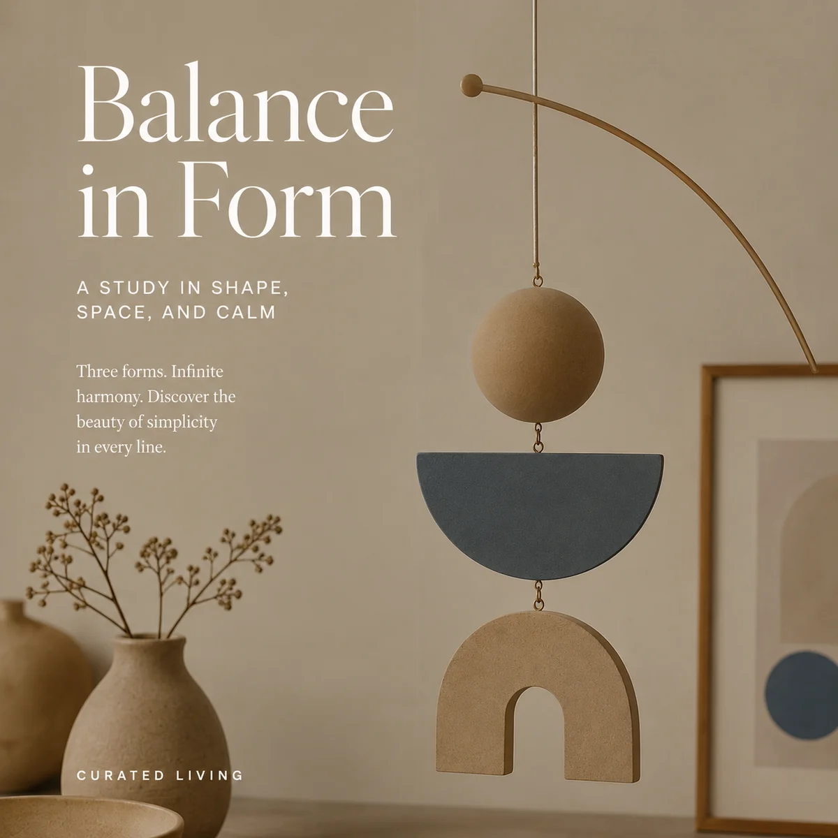 Balanced mobile sculpture with three geometric shapes in harmony, warm beige and dusty blue tones, editorial photography