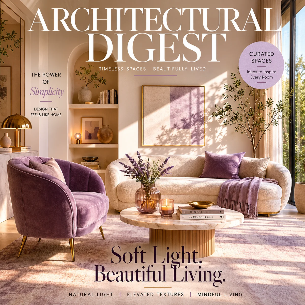 Single velvet armchair facing a two-seat sofa in a sunlit minimalist room, lavender and cream editorial photography