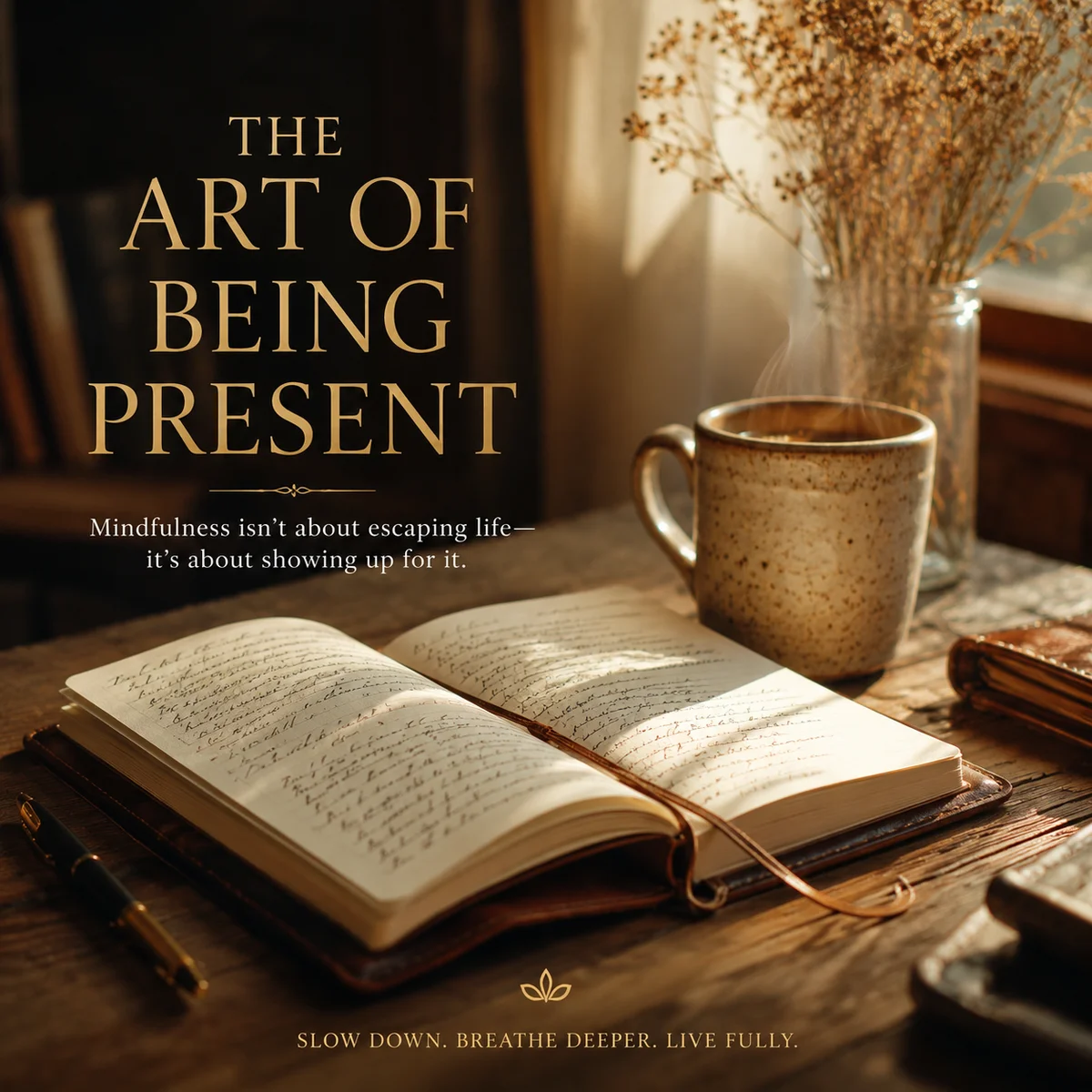 Open leather notebook with handwritten notes, steaming cup, wooden desk, warm natural light editorial photography