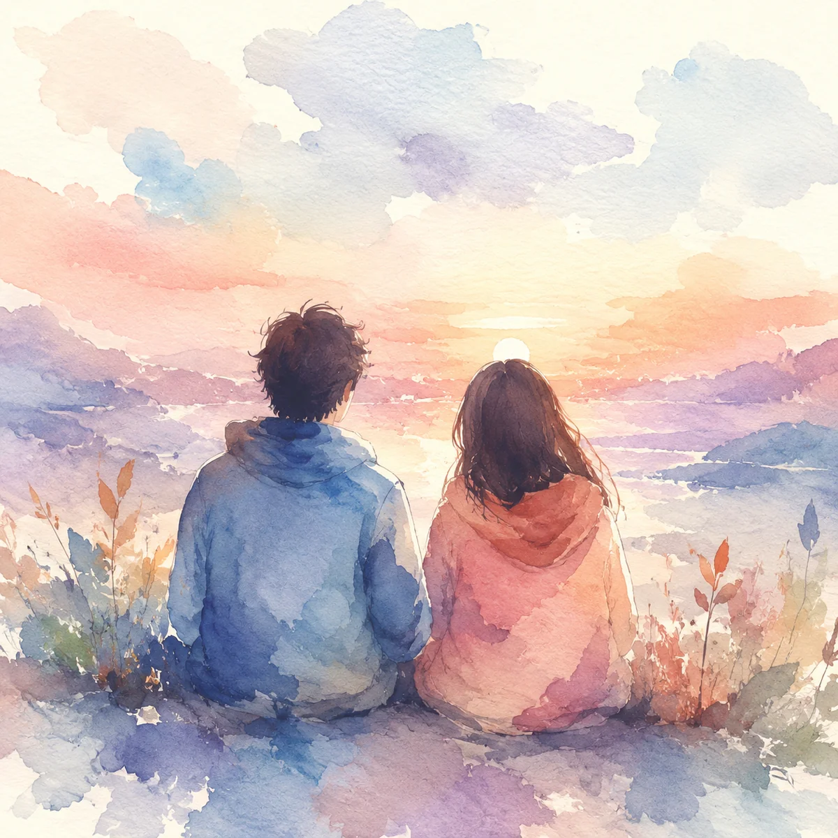 Soft watercolor illustration of two people sitting together in quiet reflection, warm gentle colors