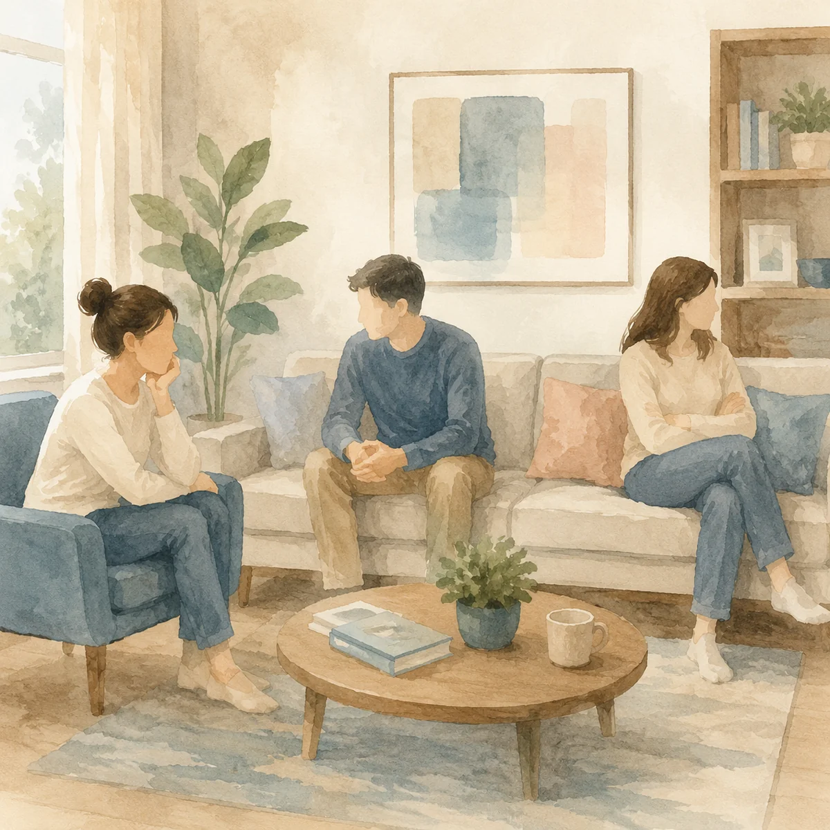 Watercolor illustration of three people in a living room, gentle awkward body language, soft pastel tones