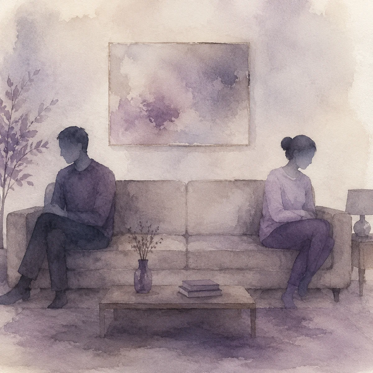 Watercolor image of two figures sitting on opposite ends of a sofa, emotional distance shown through body language