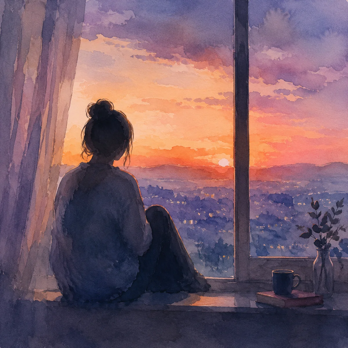 Watercolor painting of a single figure looking out a window at dusk, contemplative mood