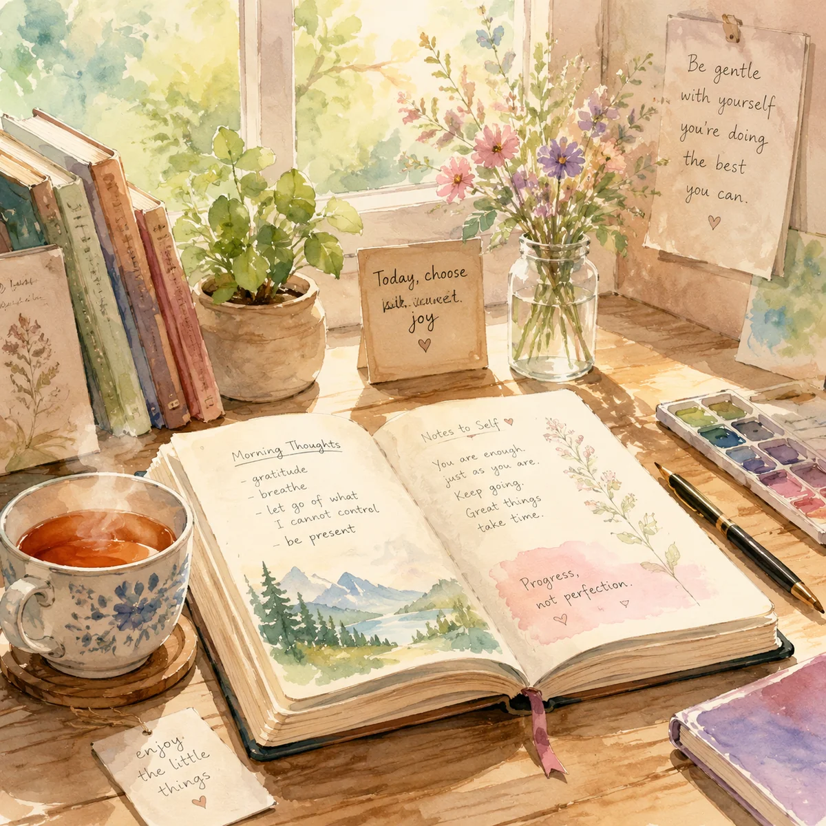 Watercolor illustration of a journal with handwritten notes and a cup of tea, soft morning light