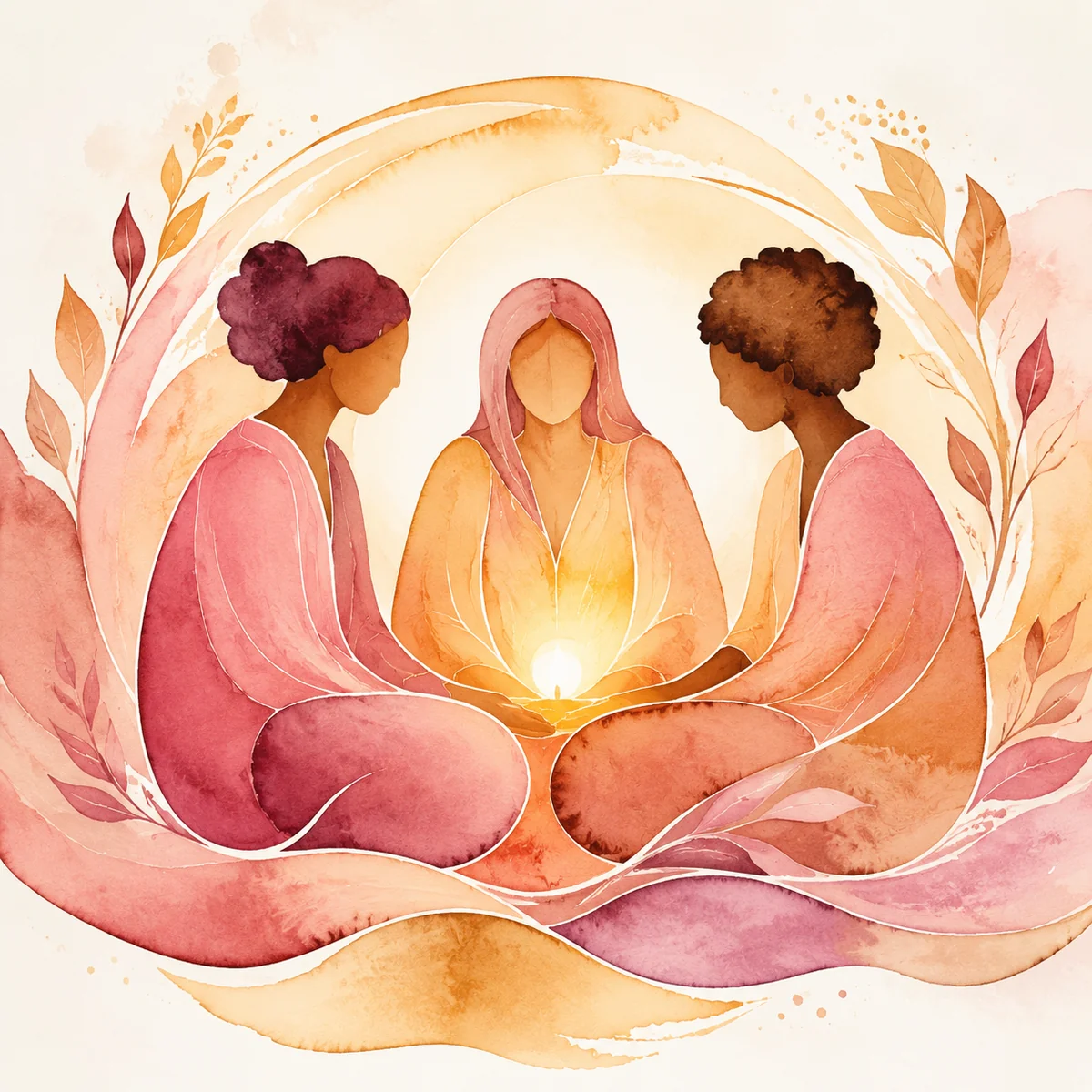 Watercolor illustration of three figures in harmony around a warm light, peaceful atmosphere