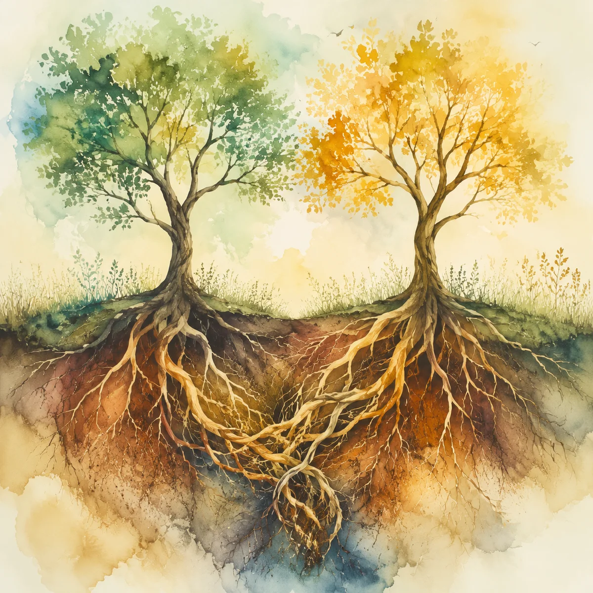 Intertwined tree roots symbolizing connected but separate emotional lives in non-monogamous relationships