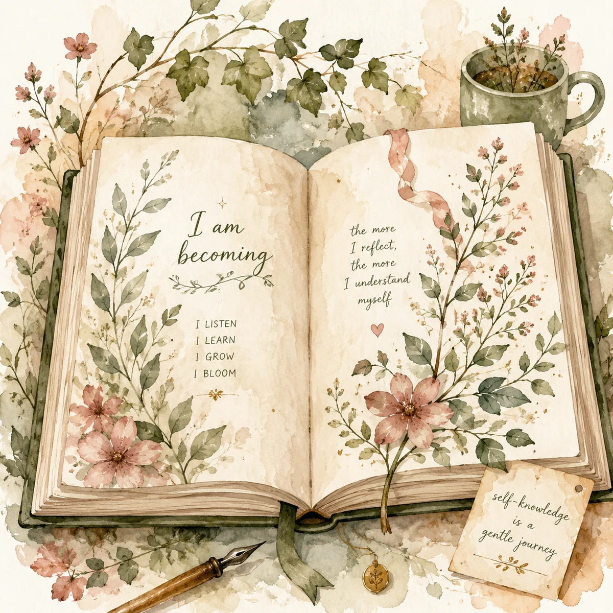 Open journal with botanical growth symbolizing self-knowledge about emotional triggers