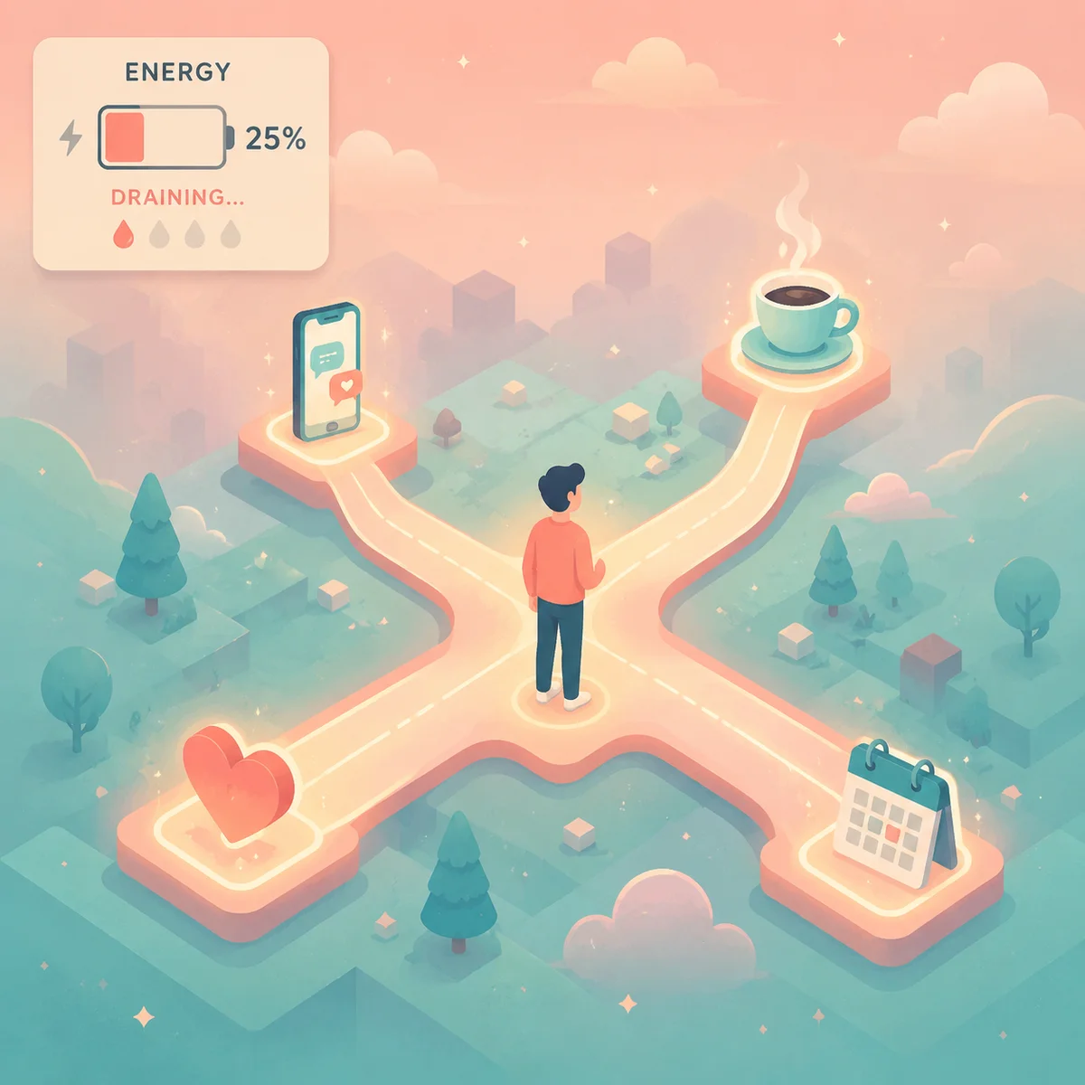 Isometric illustration of a person standing at a crossroads with multiple glowing paths extending in different directions, each path labeled with an ENM dating activity, while an energy meter shows depletion
