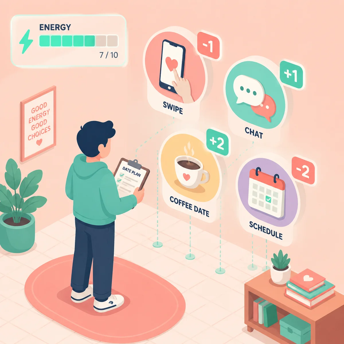 Isometric illustration of a person holding a clipboard with an energy meter, standing in front of floating icons representing different dating activities each with plus or minus energy scores