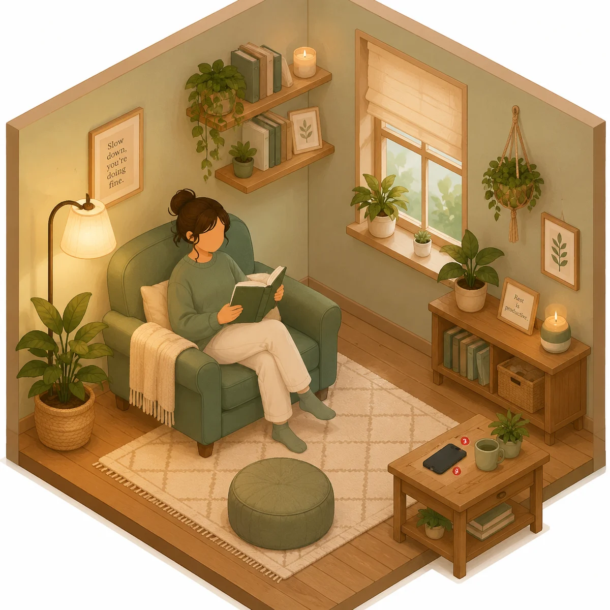 Isometric illustration of a person sitting peacefully in a cozy room with plants and a book, while a phone with dating app notifications sits turned face-down on a distant table