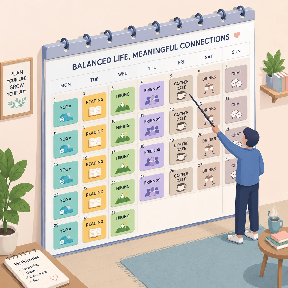 Isometric illustration of a wall calendar split between colorful personal activity blocks and muted dating activity blocks, showing balanced time allocation