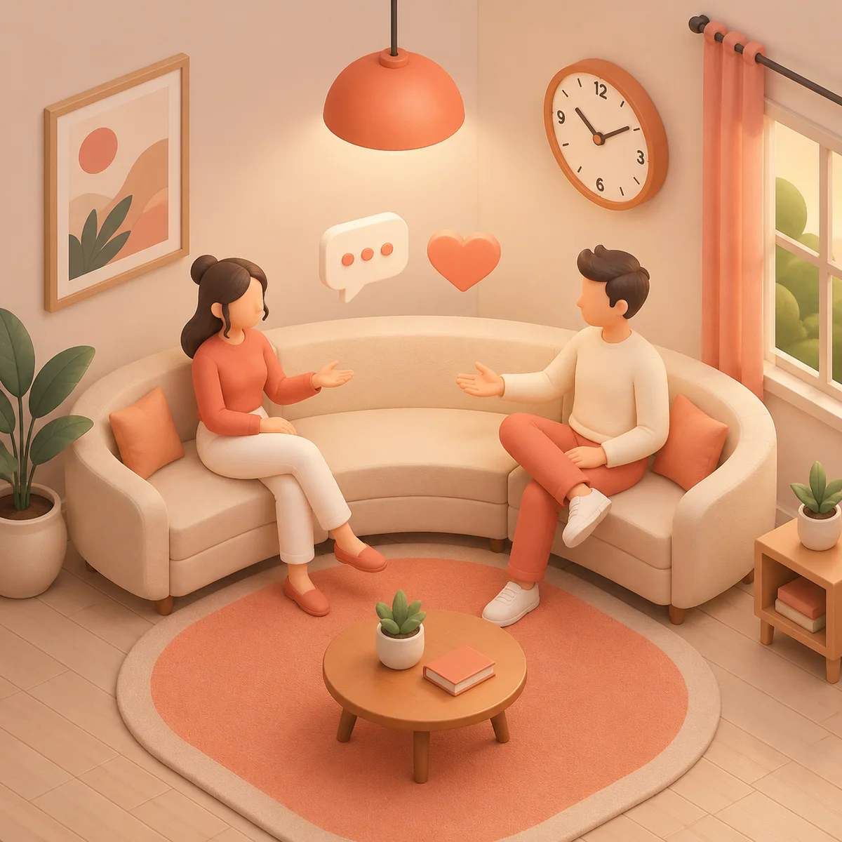 Isometric illustration of two people sitting on a couch facing each other in open body language, with a visible clock on the wall and soft ambient lighting, conveying a calm check-in conversation