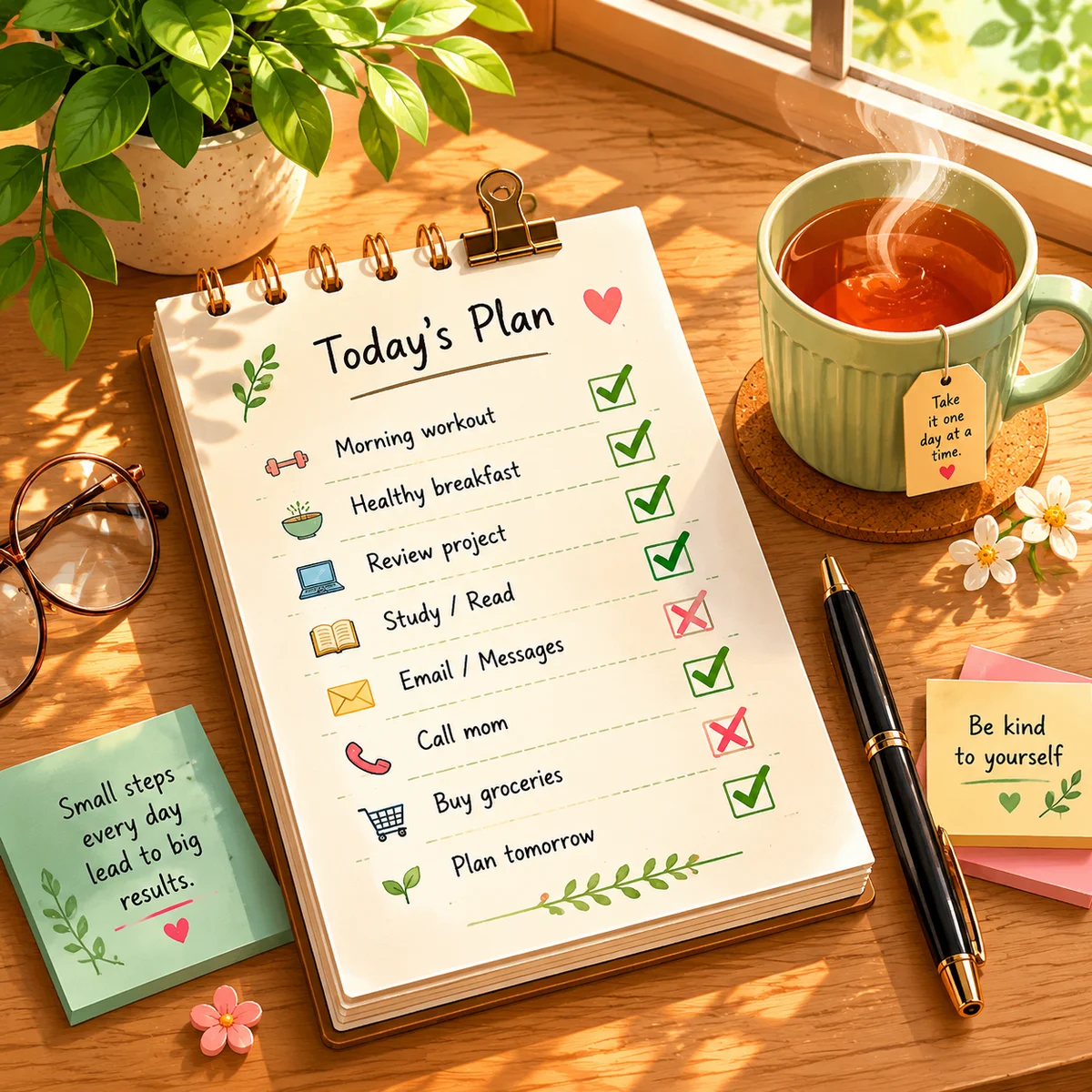 Isometric illustration of a desk with a self-assessment checklist on paper, a cup of tea, and a potted plant, with checkmarks and crosses visible on the list, conveying a moment of honest self-reflection