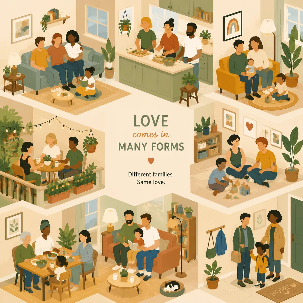 Isometric illustration of diverse family structures including ENM households with parents and children in warm home settings