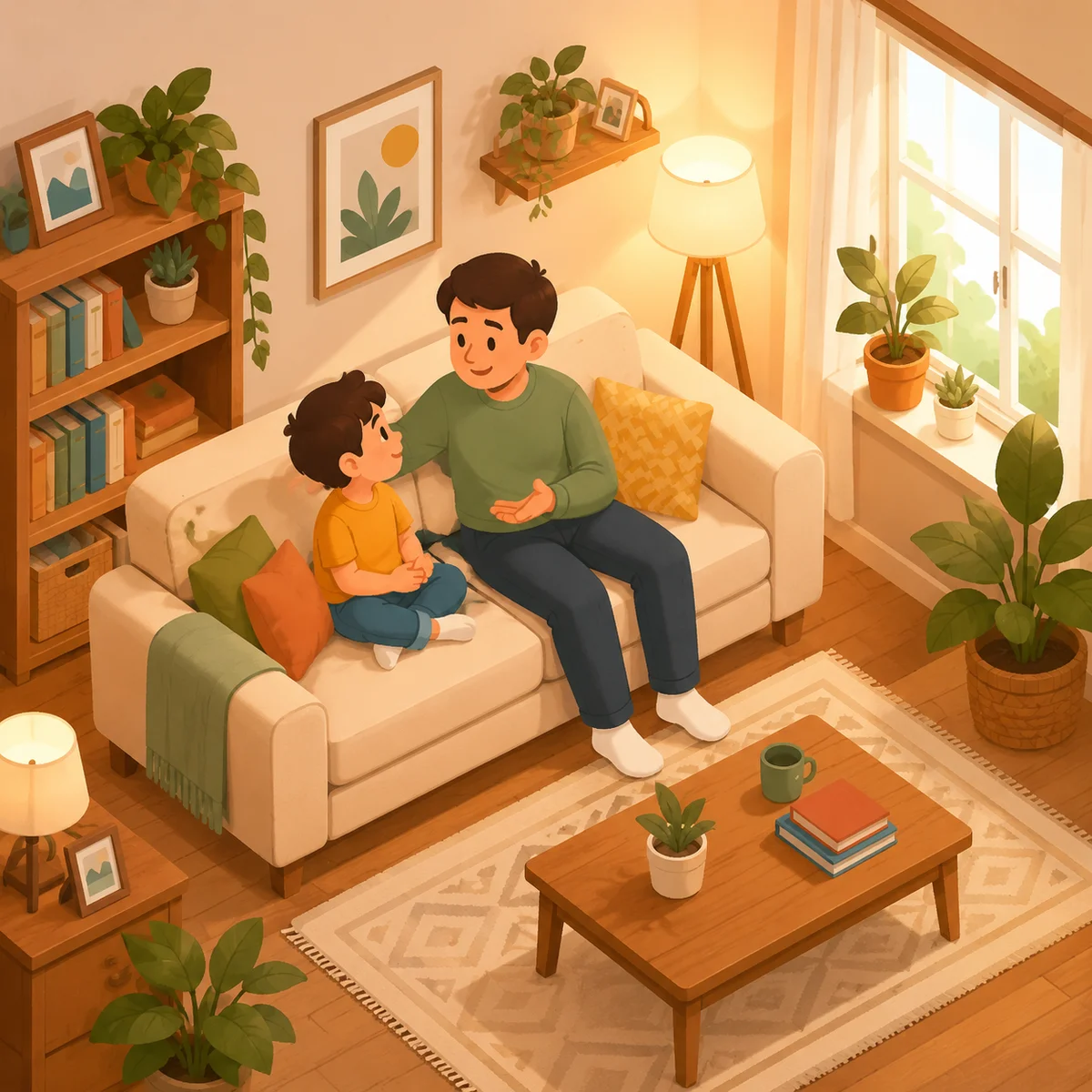 Isometric illustration of a parent sitting with a child on a couch having a gentle conversation in a cozy living room