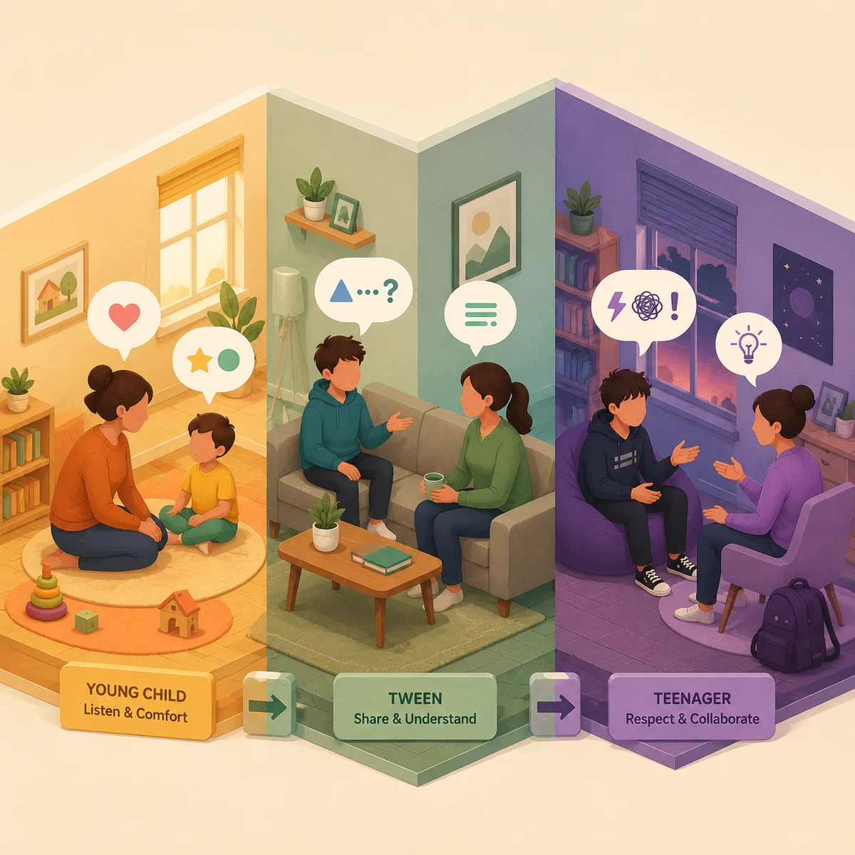 Isometric illustration showing three age stages of parent-child conversations with speech bubbles representing different levels of detail