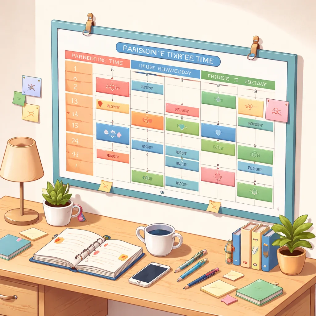 Isometric illustration of a family calendar with color-coded blocks showing parenting time, partner time, and self-care slots