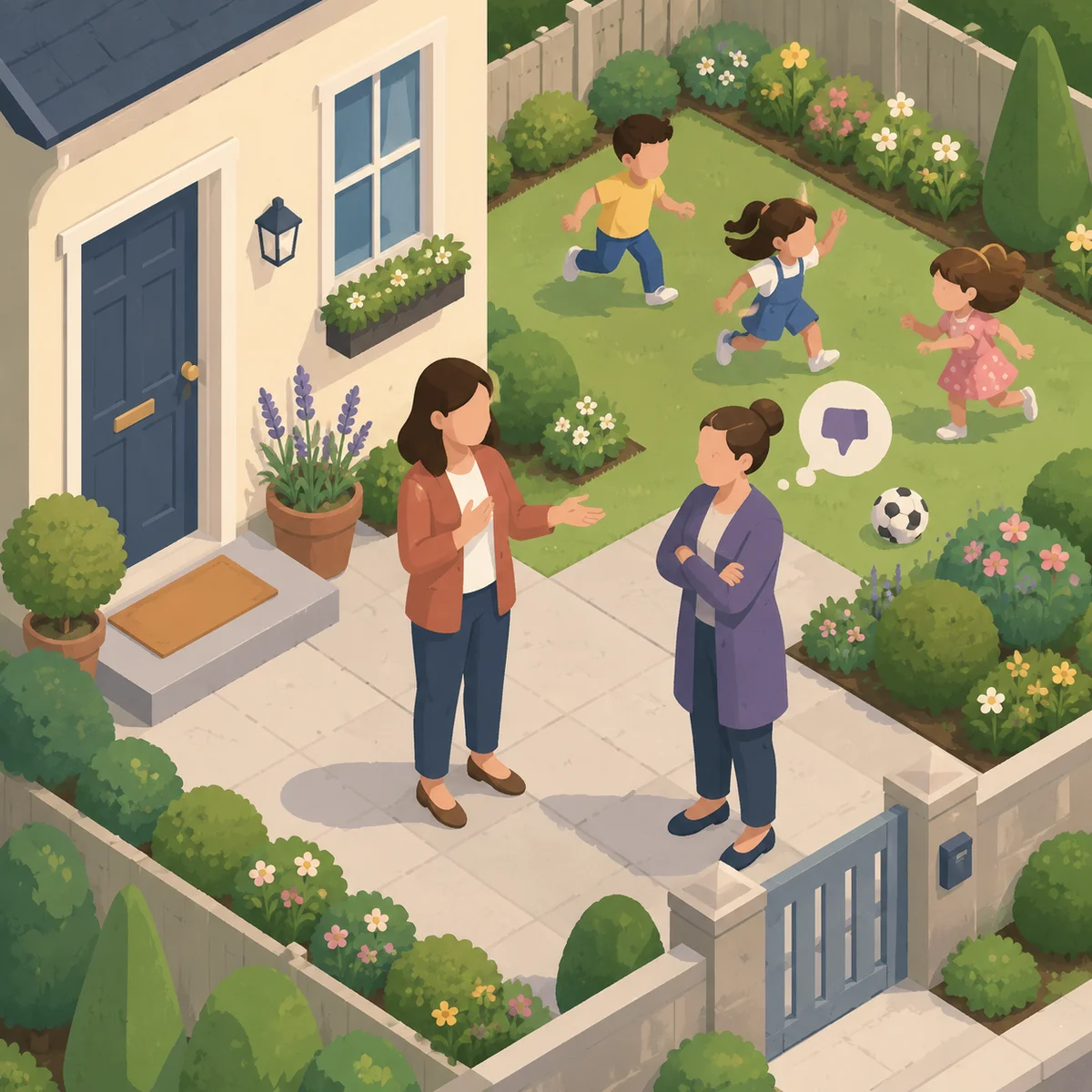 Isometric illustration of a parent calmly interacting with a judgmental figure while children play happily nearby, showing boundary-setting