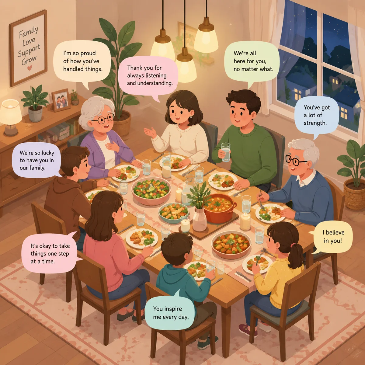 Isometric illustration of a family dinner table with parents and children talking openly, with speech bubbles showing supportive dialogue