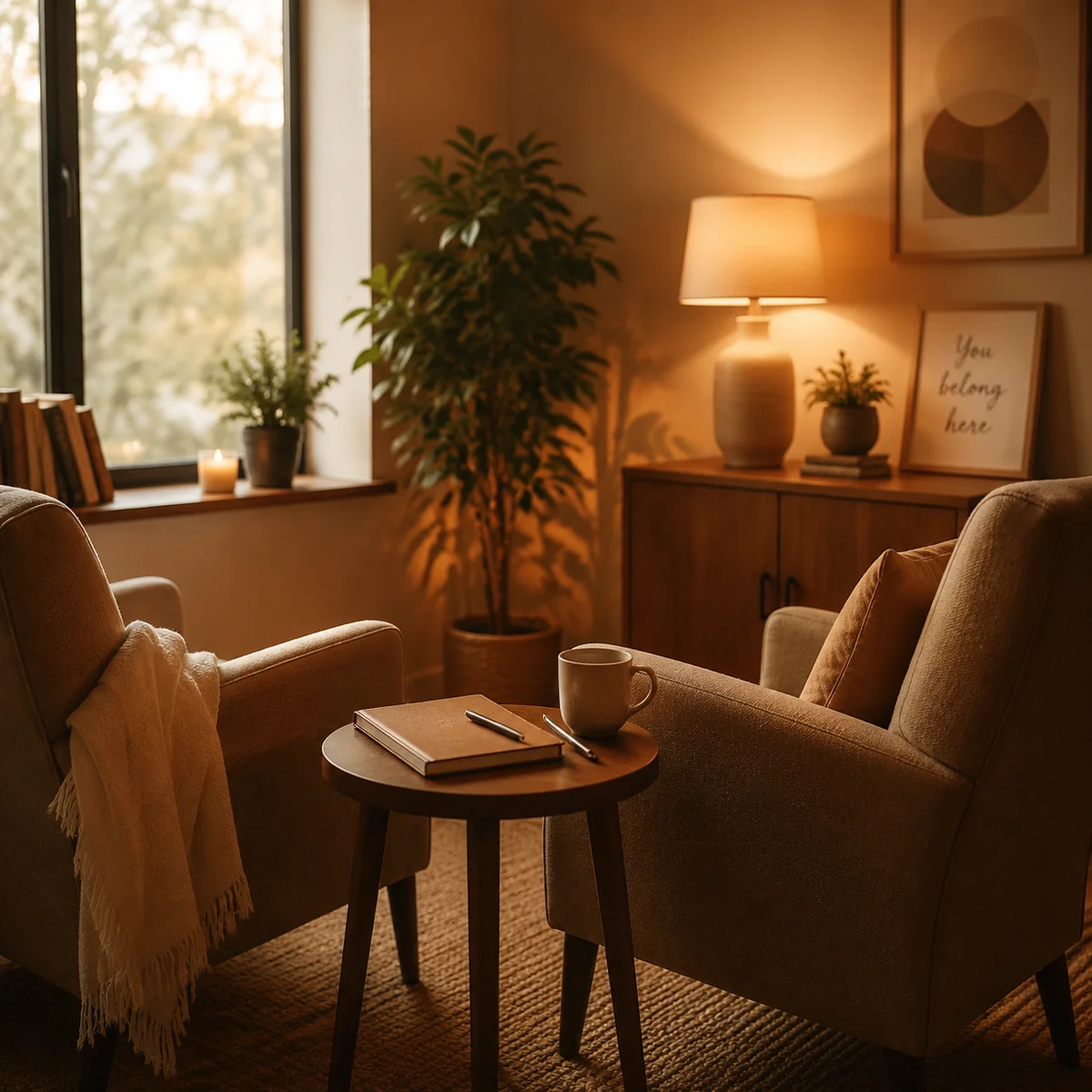 Warm duotone photograph of a therapy office with soft amber lighting, two chairs facing each other, notebooks and a plant creating a safe, inviting atmosphere