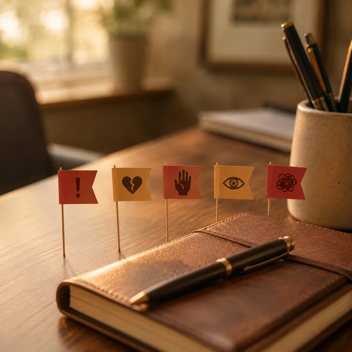 Warm duotone photograph of red flags represented as warning signs on a desk next to a therapist's notepad, with soft natural lighting