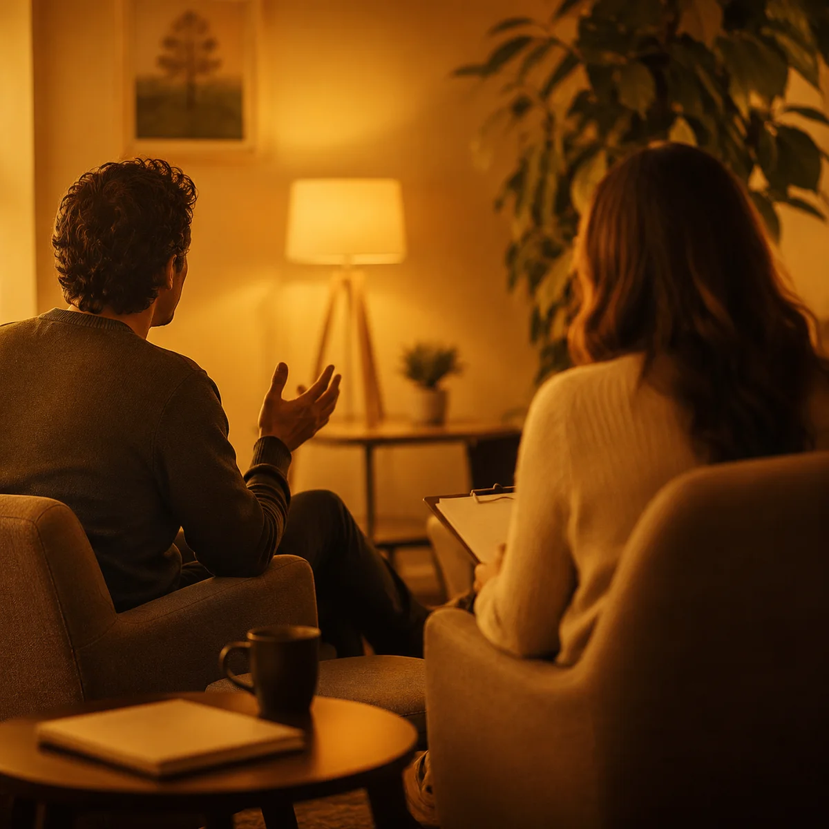 Warm duotone photograph of two people in a therapy session, one gesturing while speaking, the therapist listening attentively, warm lamp light creating a safe atmosphere