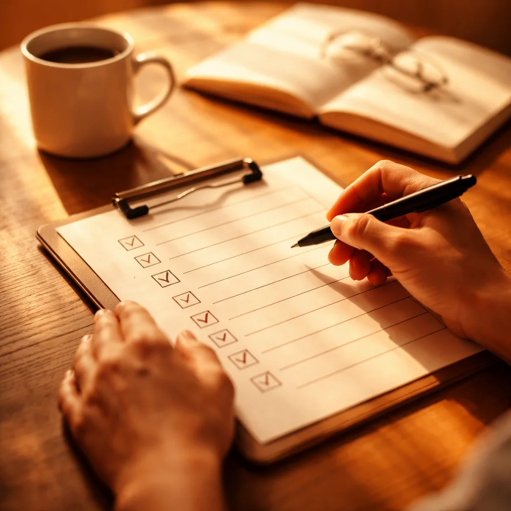 Warm duotone photograph of a person reviewing notes on a clipboard with a checklist, pen in hand, morning light creating a contemplative mood